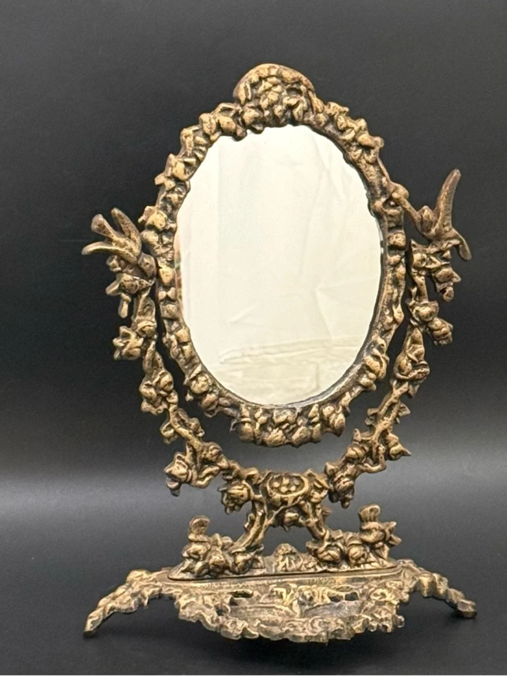 Victorian Style Antique Brass Finish Ornate Heavy Cast Iron Swivel Vanity Mirror